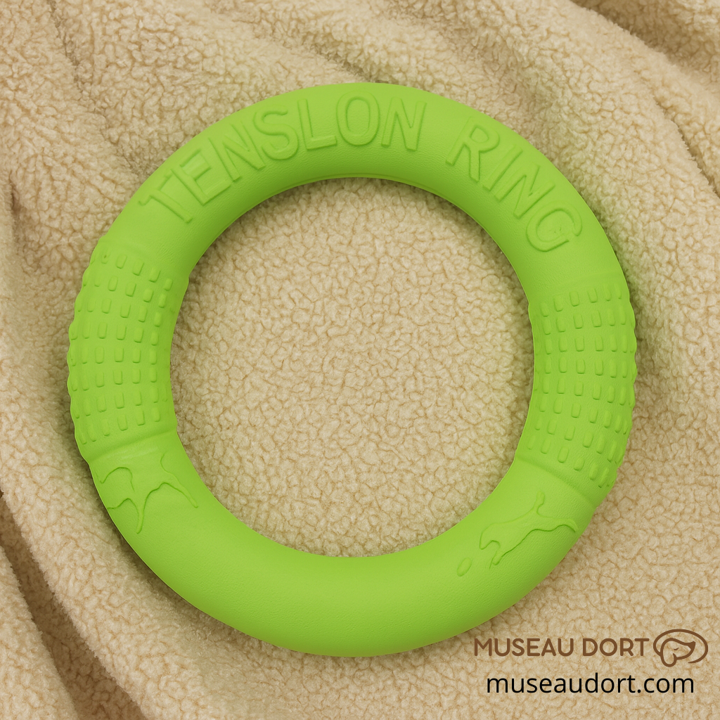 Anneau vert pour jouet interactif pour chien posé sur une couverture beige douce, idéal pour jeux de lancer
