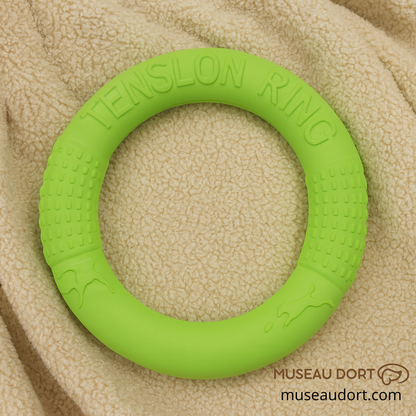 Anneau vert pour jouet interactif pour chien posé sur une couverture beige douce, idéal pour jeux de lancer