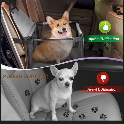 Comparatif avant et après l’utilisation d’un siège auto pour chien – protection des sièges et confort amélioré – Disponible chez Museau Dort