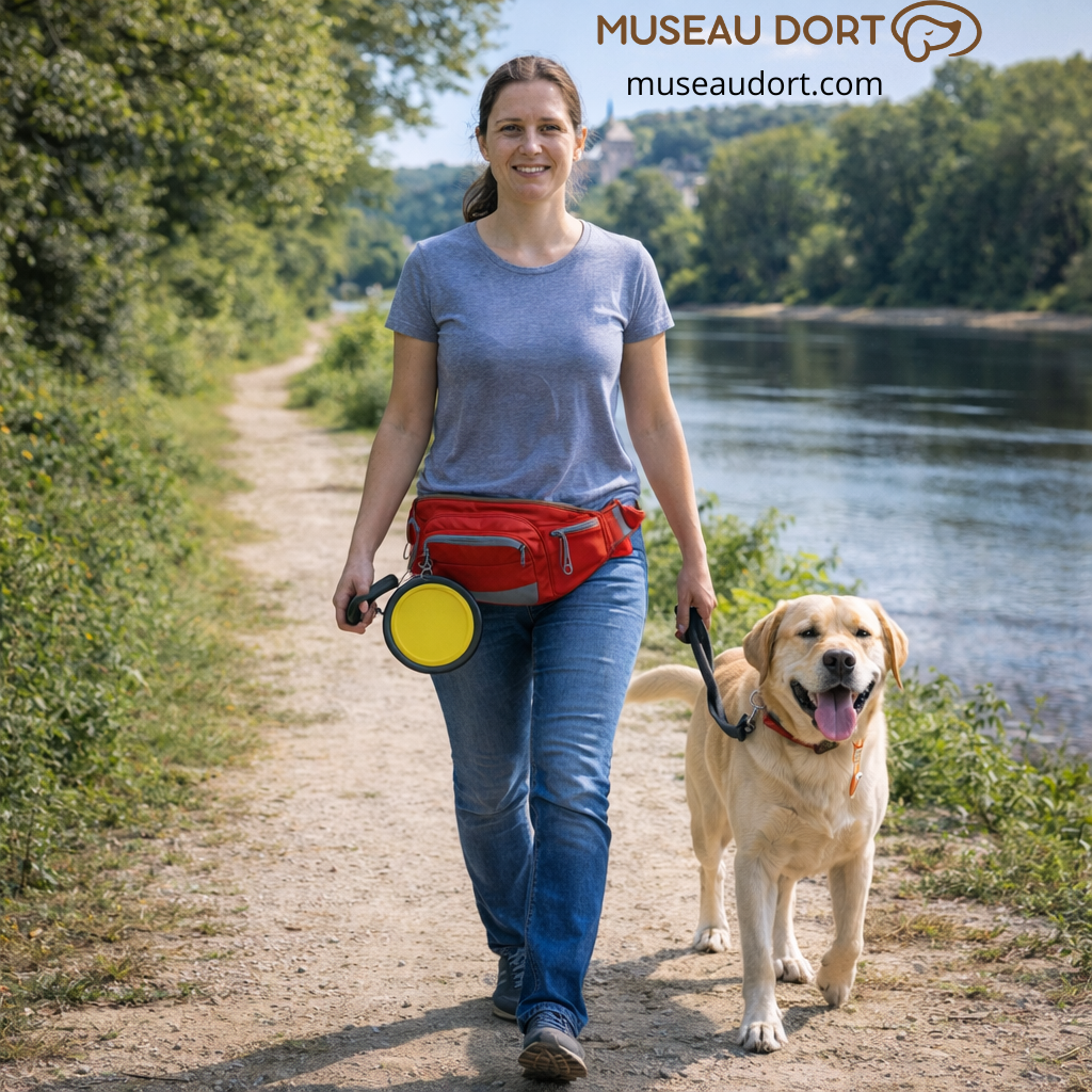 Balade au bord de la Loire avec un chien et une gamelle pliable pour chien accrochée à la ceinture, Museau Dort