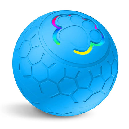 Balle interactive bleue pour chien avec lumière LED et coque texturée antidérapante. Disponible chez Museau Dort
