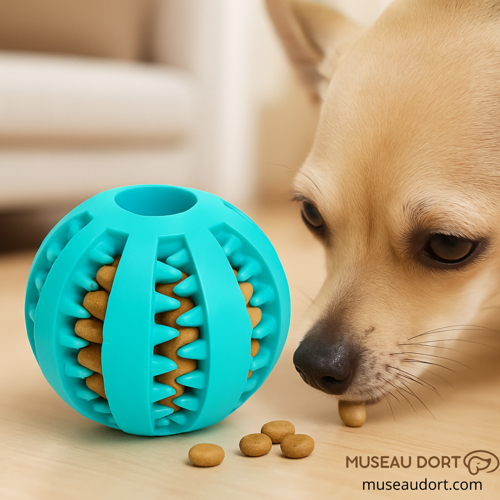 Balle pour chien en caoutchouc distributrice de croquettes, jouet interactif d’occupation et stimulation mentale, Museau Dort