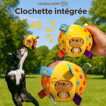 Chien jouant dans un parc avec une balle en peluche équipée d’une clochette intégrée, jouet interactif sonore pour chien.