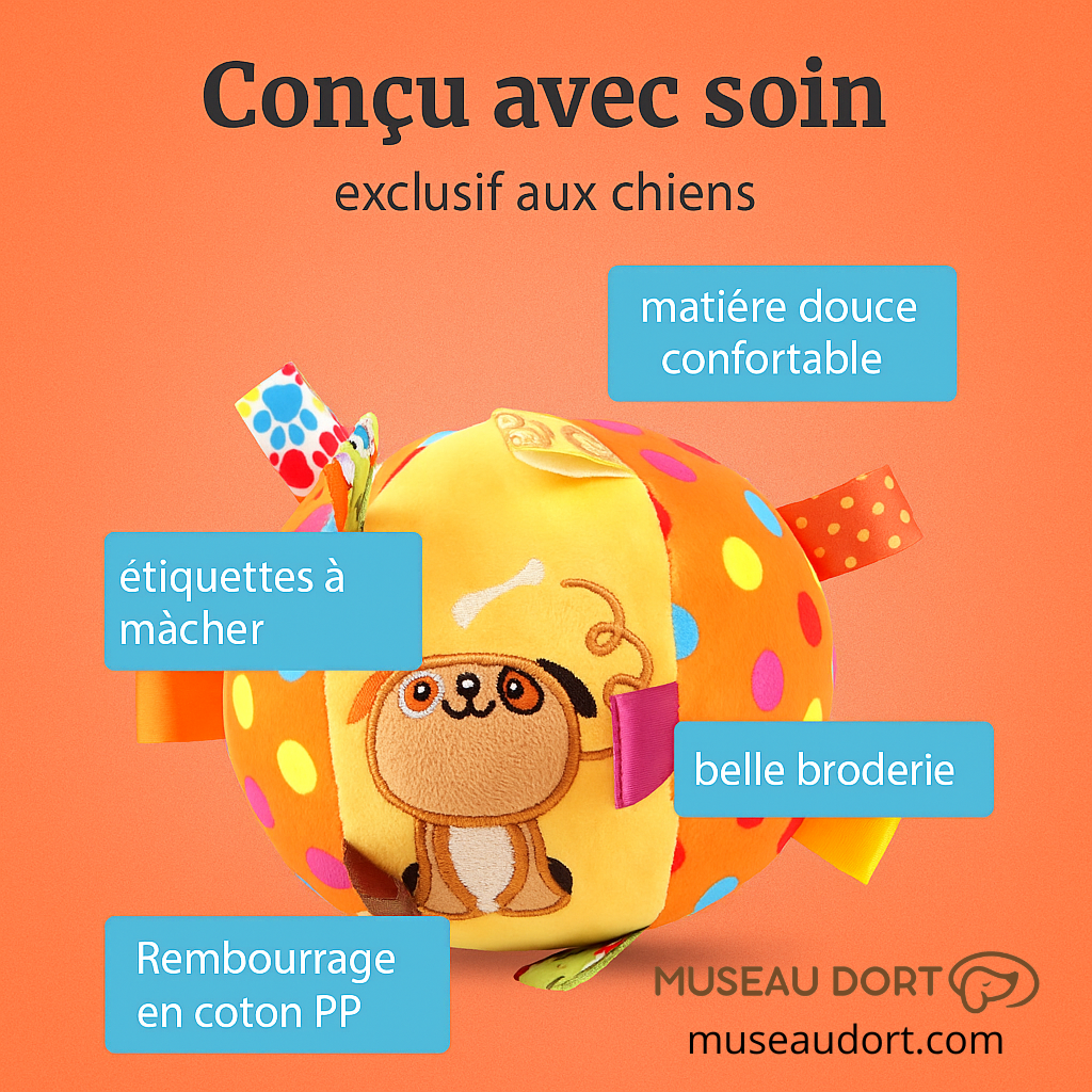 Balle pour chien en peluche avec étiquettes à mâcher, matière douce et belle broderie, jouet conçu pour chiens. Museau Dort