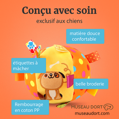 Balle pour chien en peluche avec étiquettes à mâcher, matière douce et belle broderie, jouet conçu pour chiens. Museau Dort