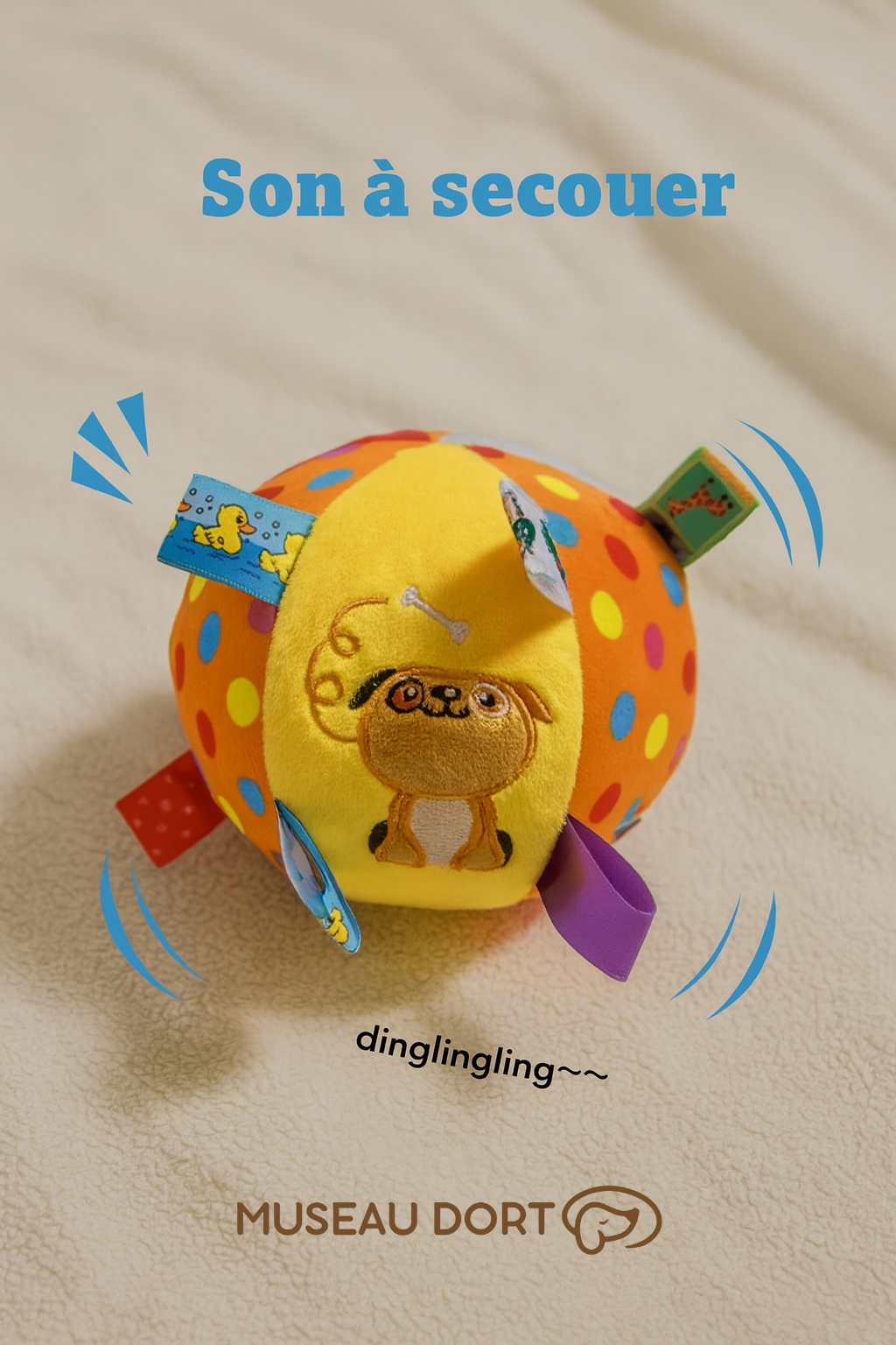 Balle en peluche pour chien émettant un son à secouer, jouet interactif idéal pour stimuler l’attention et le jeu.