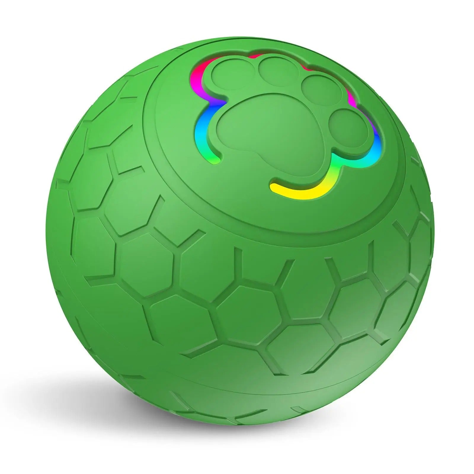 Balle interactive verte pour chien avec LED colorée et surface résistante aux morsures. Disponible chez Museau Dort