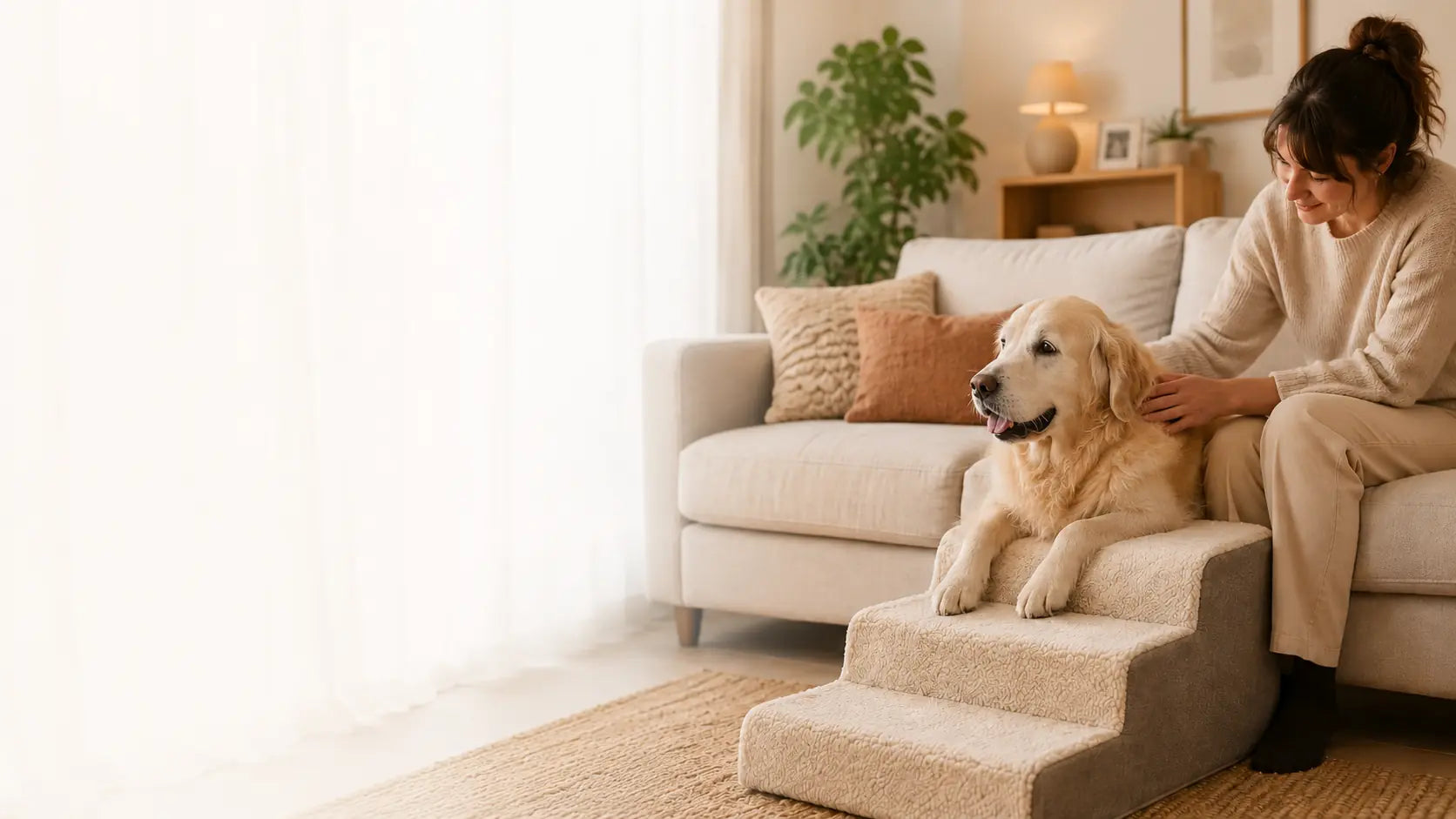 Chien âgé sur un escalier près du canapé avec son humaine dans un salon chaleureux – Museau Dort