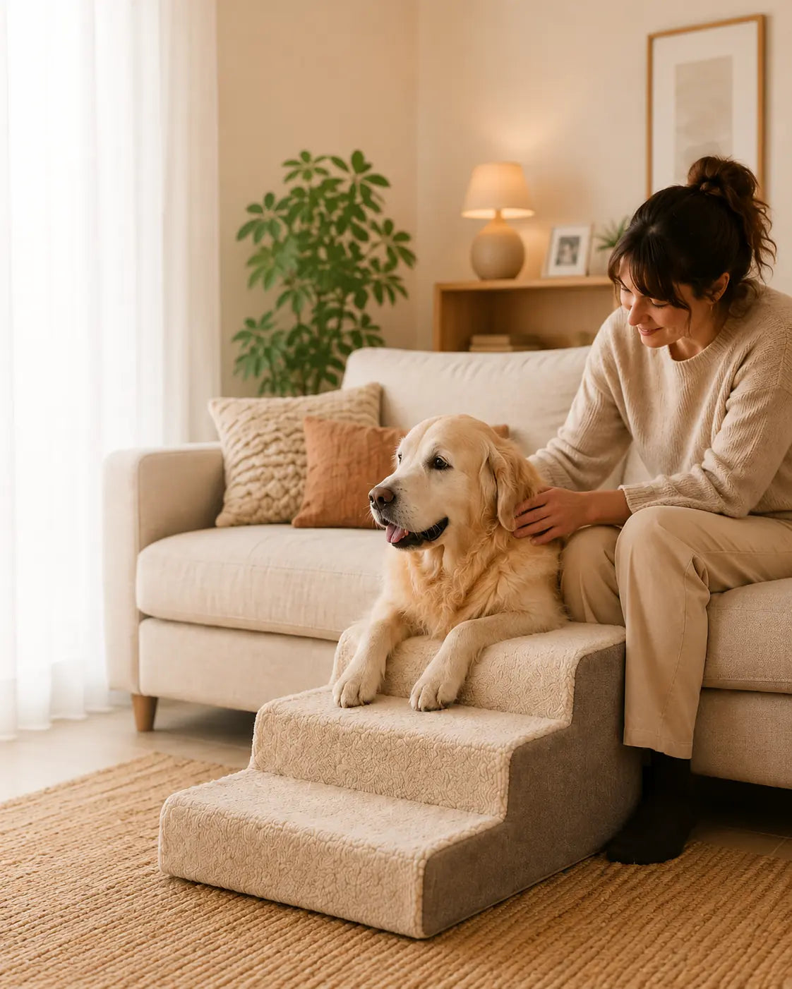 Chien âgé sur un escalier près du canapé avec son humaine dans un salon chaleureux – Museau Dort