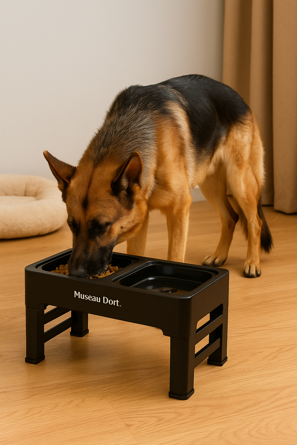 Berger allemand adulte mangeant dans une gamelle surélevée ergonomique pour chien. Disponible chez Museau Dort.