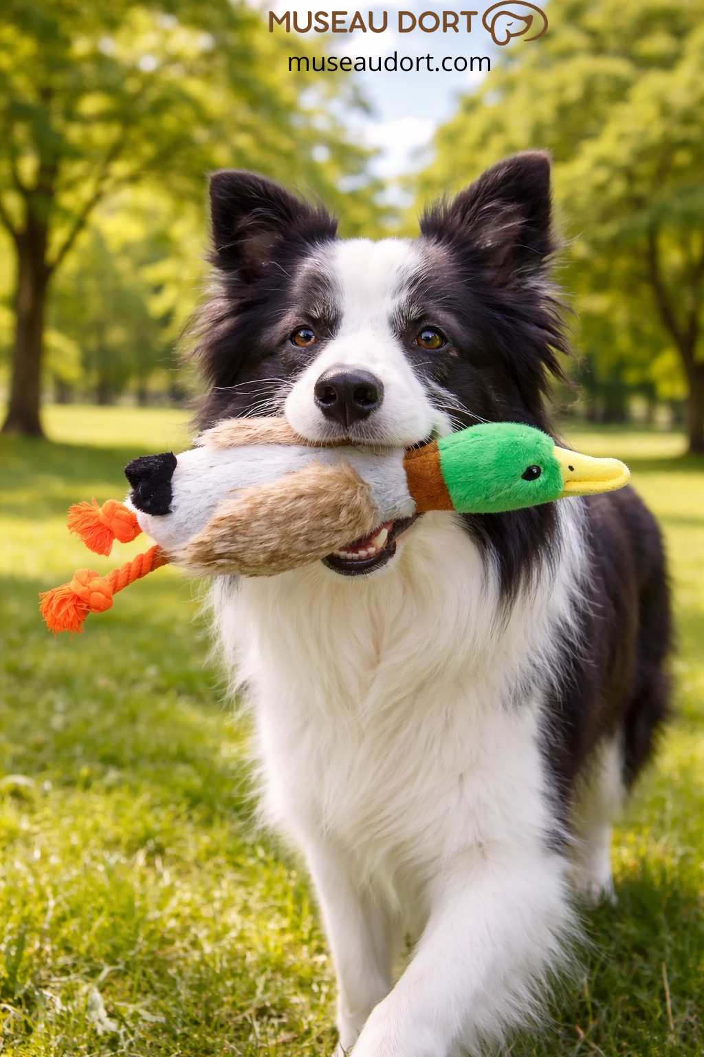 Border Collie avec jouet canard dans la bouche dans un parc, jouet stimulant pour chien. Disponible chez Museau Dort.