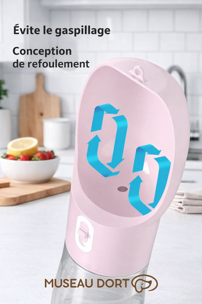 Système de refoulement anti-gaspillage sur bouteille d’eau portable pour chien, permet de récupérer l’eau non bue,