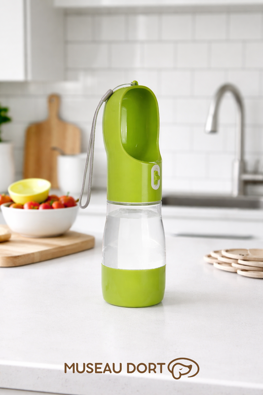 Bouteille d’eau portable pour chien verte posée sur un plan de travail de cuisine moderne, pratique pour les balades,