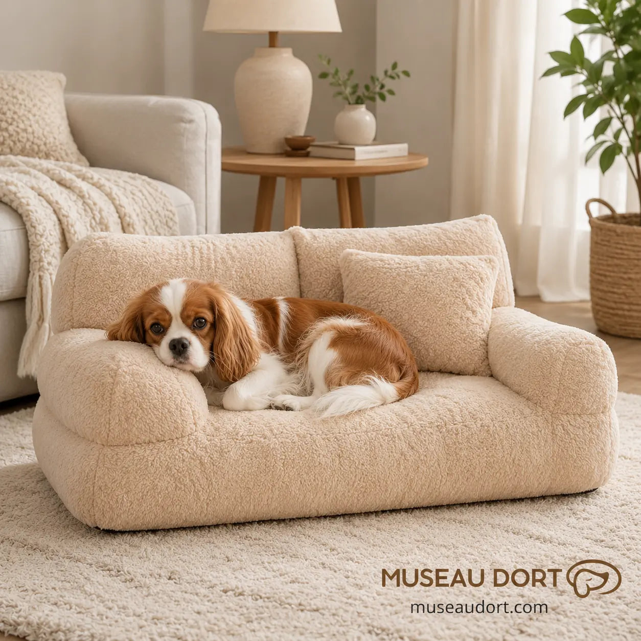 Cavalier King Charles couché dans un canapé beige doux avec rebords rembourrés pour petit chien en intérieur