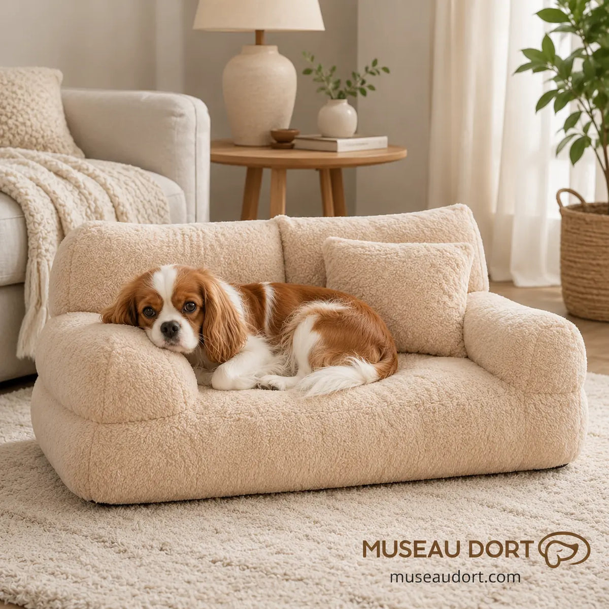 Cavalier King Charles couché dans un canapé beige doux avec rebords rembourrés pour petit chien en intérieur