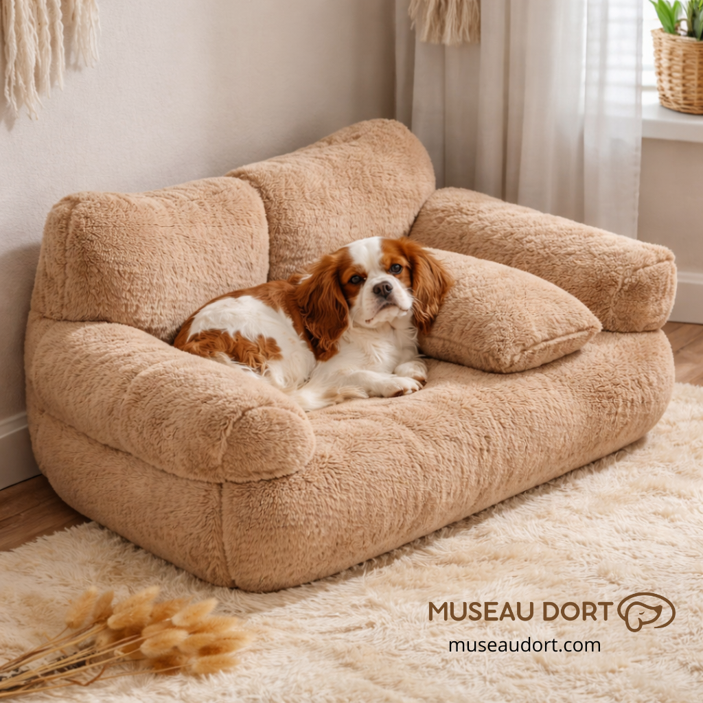Cavalier King Charles installé dans un canapé marron doux avec rebords rembourrés pour petit chien en intérieur