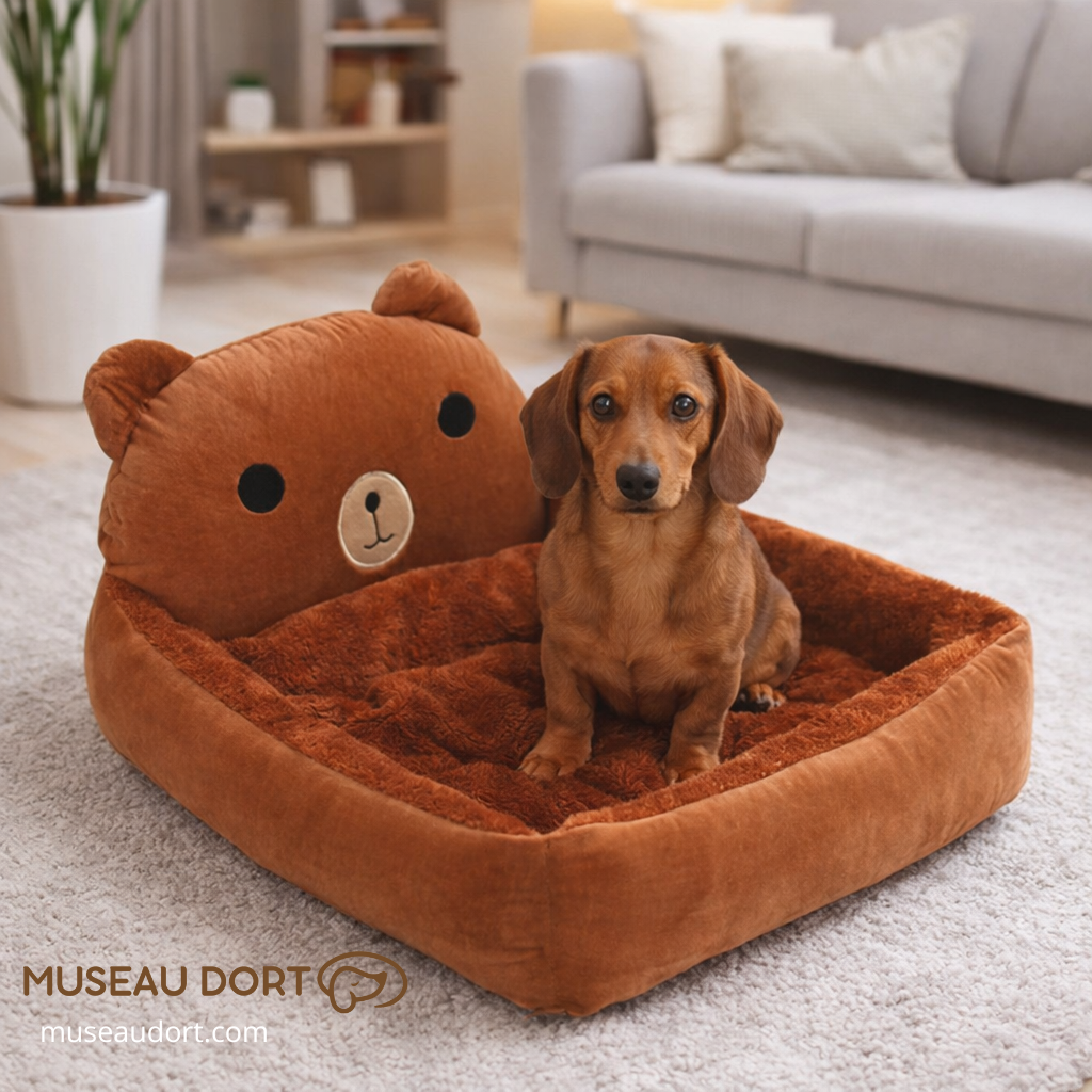 Canapé pour chien en intérieur avec teckel assis dans un couchage ludique et rassurant Museau Dort