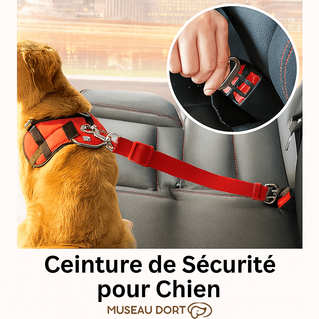 Ceinture de sécurité pour chien attachée au harnais sur siège arrière de voiture pour voyager en sécurité en France.