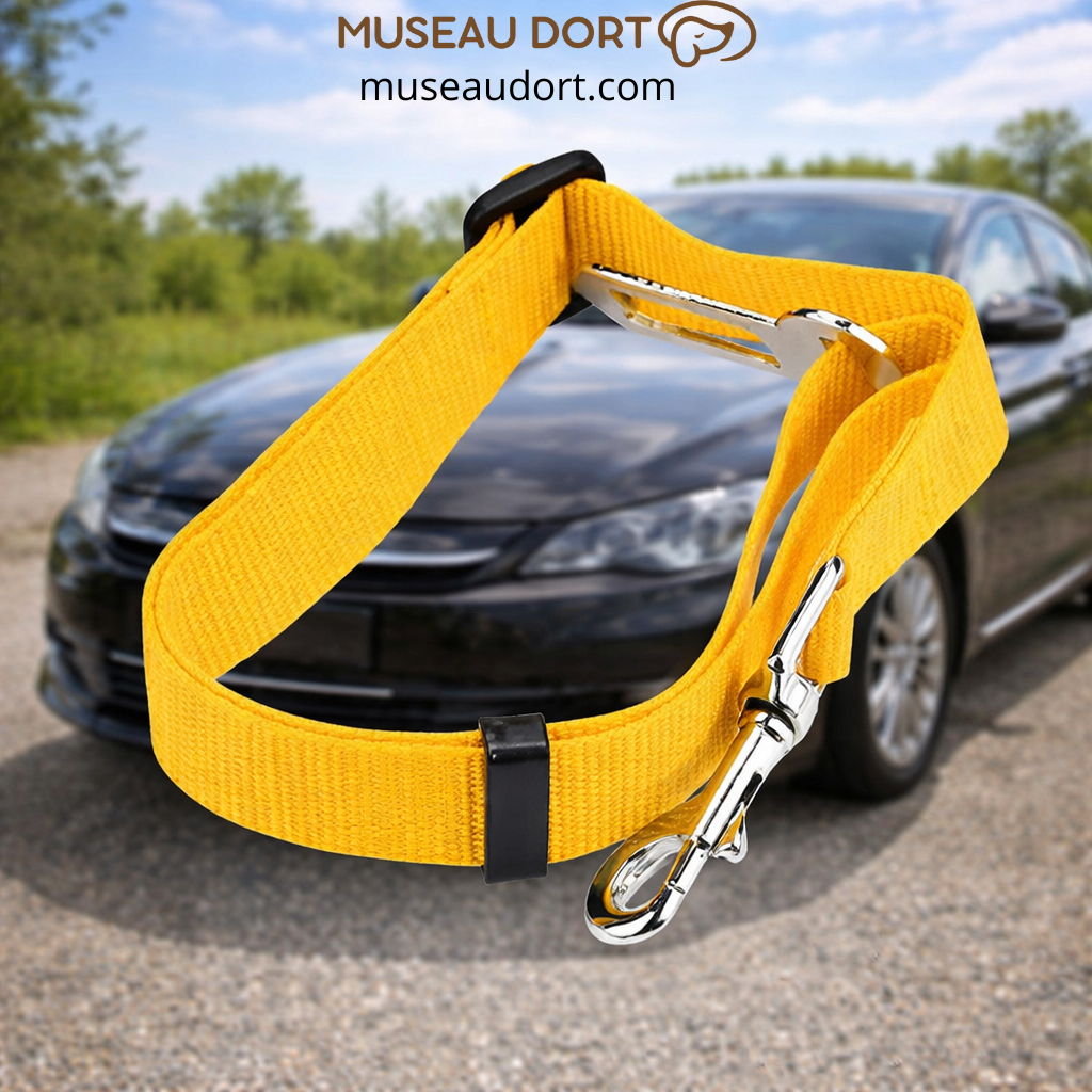 Ceinture de sécurité chien jaune réglable installée en voiture pour sécuriser les trajets quotidiens en France Museau Dort