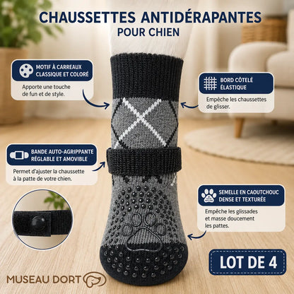Chaussette antidérapante grise pour chien avec bande réglable, semelle en caoutchouc et lot de 4.