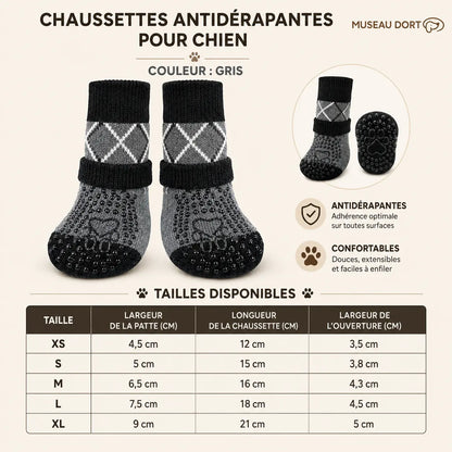 Chaussettes antidérapantes grises pour chien avec guide des tailles XS à XL et mesures en centimètres