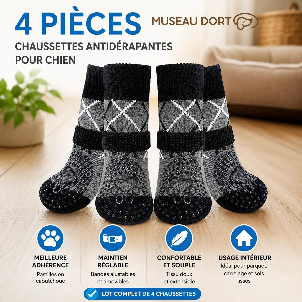 Chaussettes antidérapantes grises pour chien, lot de 4 avec bandes réglables et pastilles en caoutchouc.