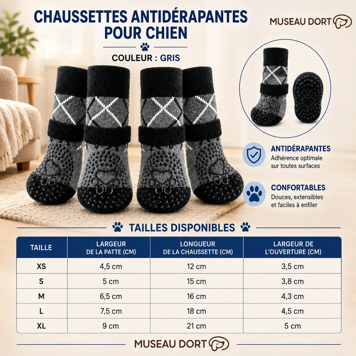 Chaussettes antidérapantes grises pour chien avec guide des tailles XS à XL et bandes réglables.