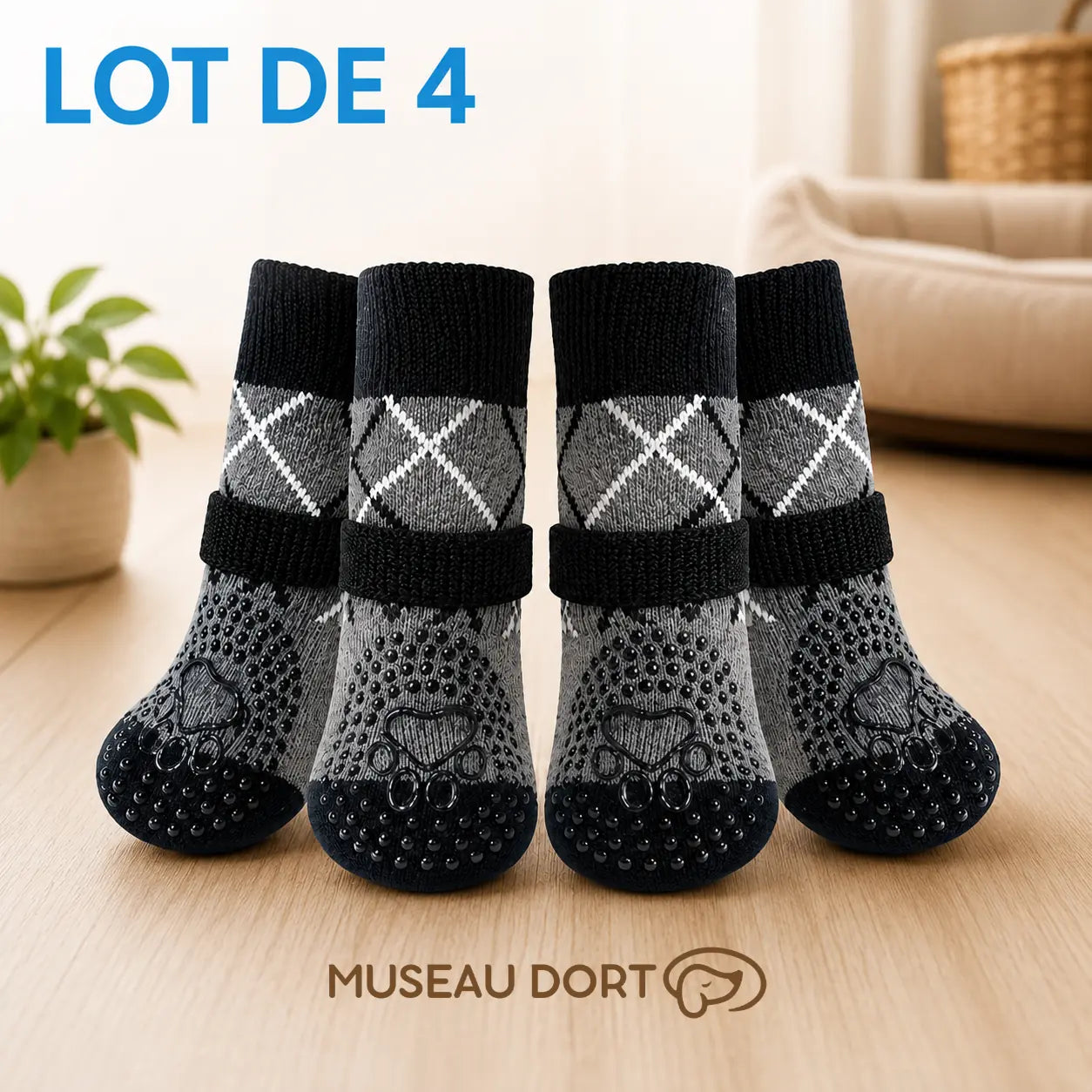 Lot de 4 chaussettes antidérapantes grises pour chien sur parquet, avec bandes réglables Museau Dort