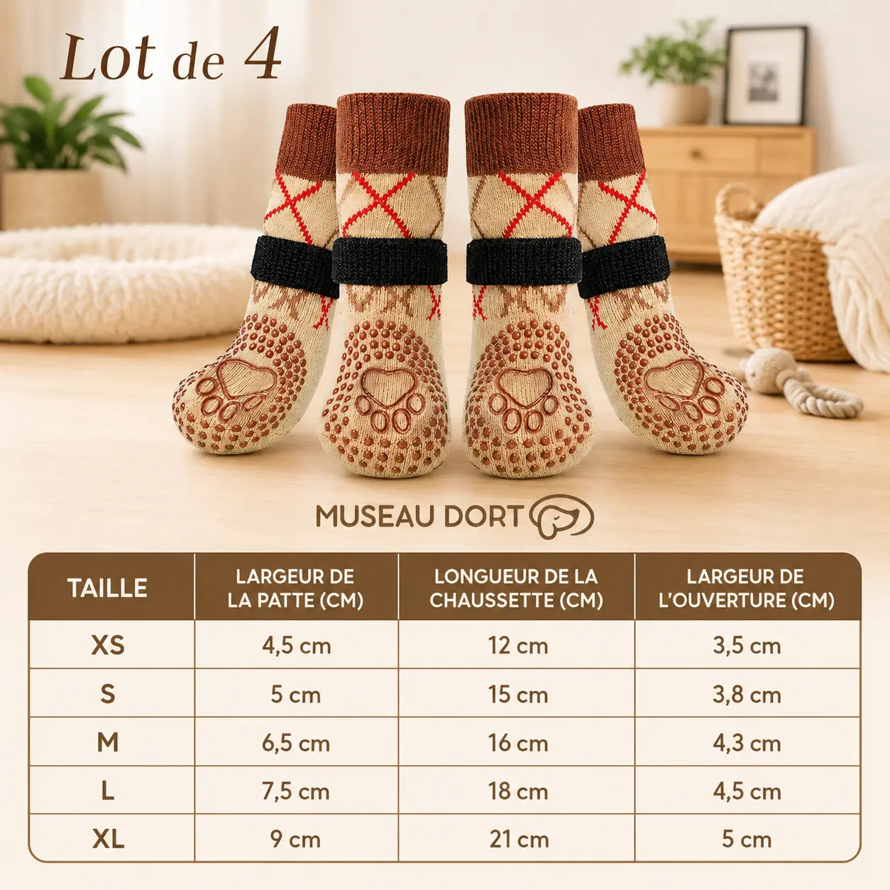 Lot de 4 chaussettes antidérapantes marron pour chien avec tableau des tailles XS à XL en centimètres