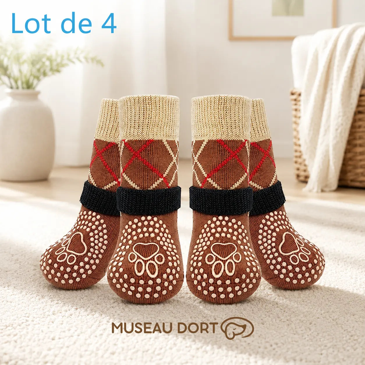 Lot de 4 chaussettes antidérapantes marron pour chien avec bandes réglables, dans un salon lumineux.