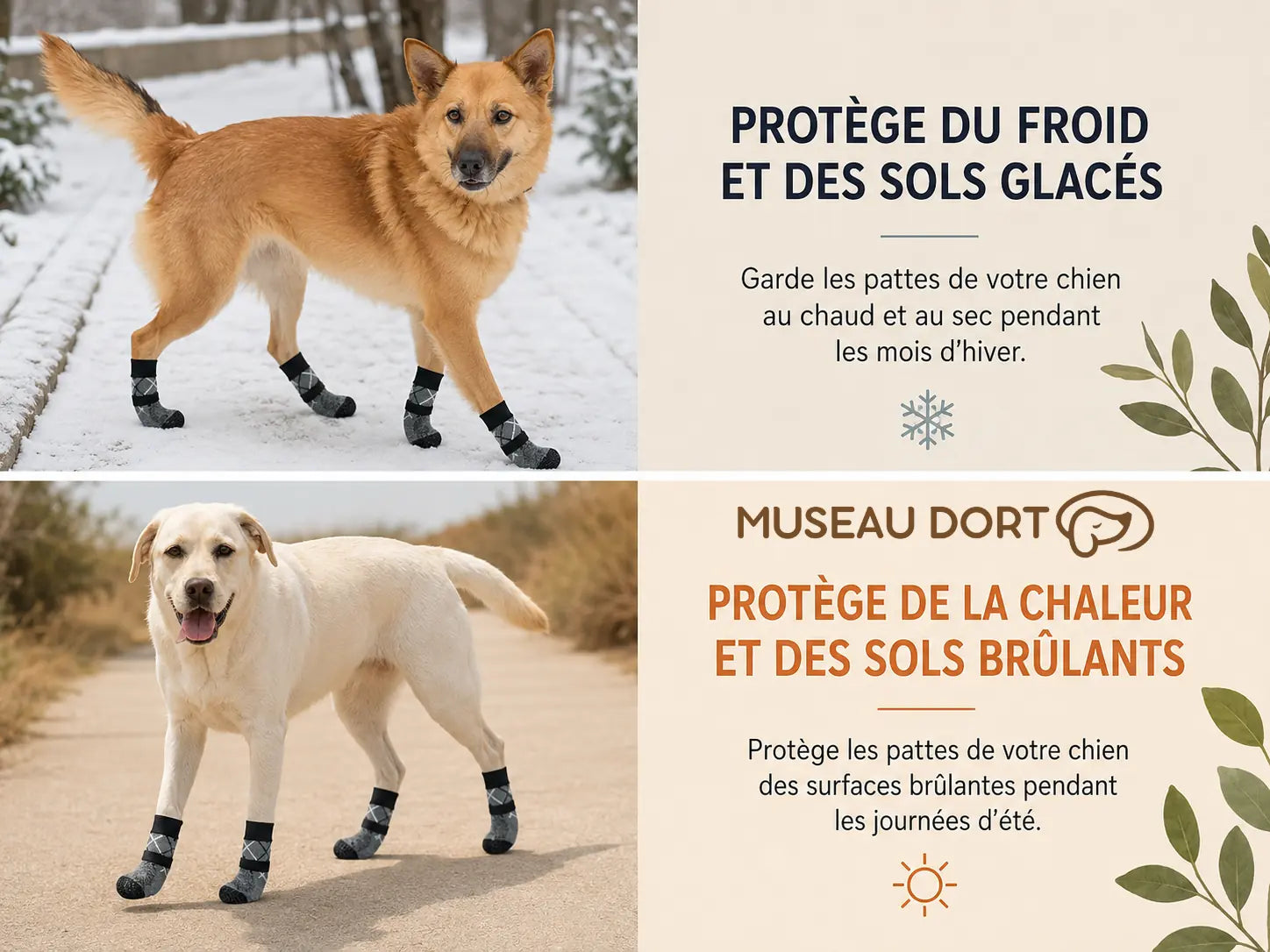 Chien portant des chaussettes antidérapantes pour protéger ses pattes du froid et des sols chauds.