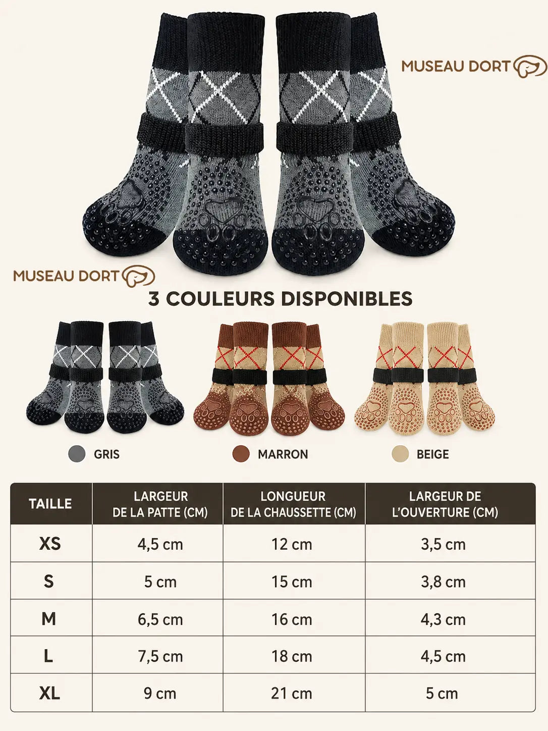Guide des tailles et coloris des chaussettes antidérapantes pour chien Museau Dort, du XS au XL.