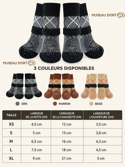 Guide des tailles et coloris des chaussettes antidérapantes pour chien Museau Dort, du XS au XL.