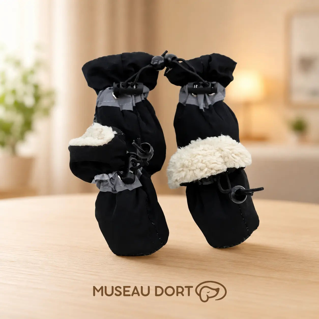 Chaussures pour chien noires imperméables avec intérieur doux posées sur une table en bois