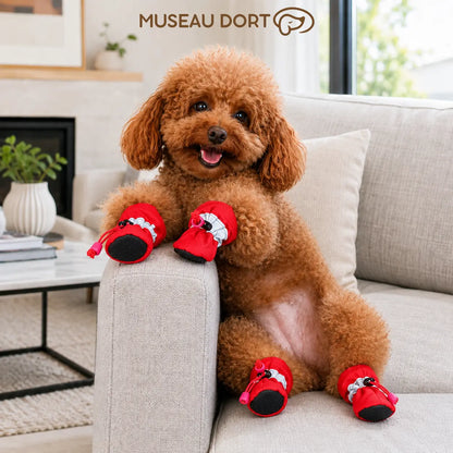 Caniche heureux portant des chaussures pour chien rouges imperméables sur un canapé dans un salon moderne