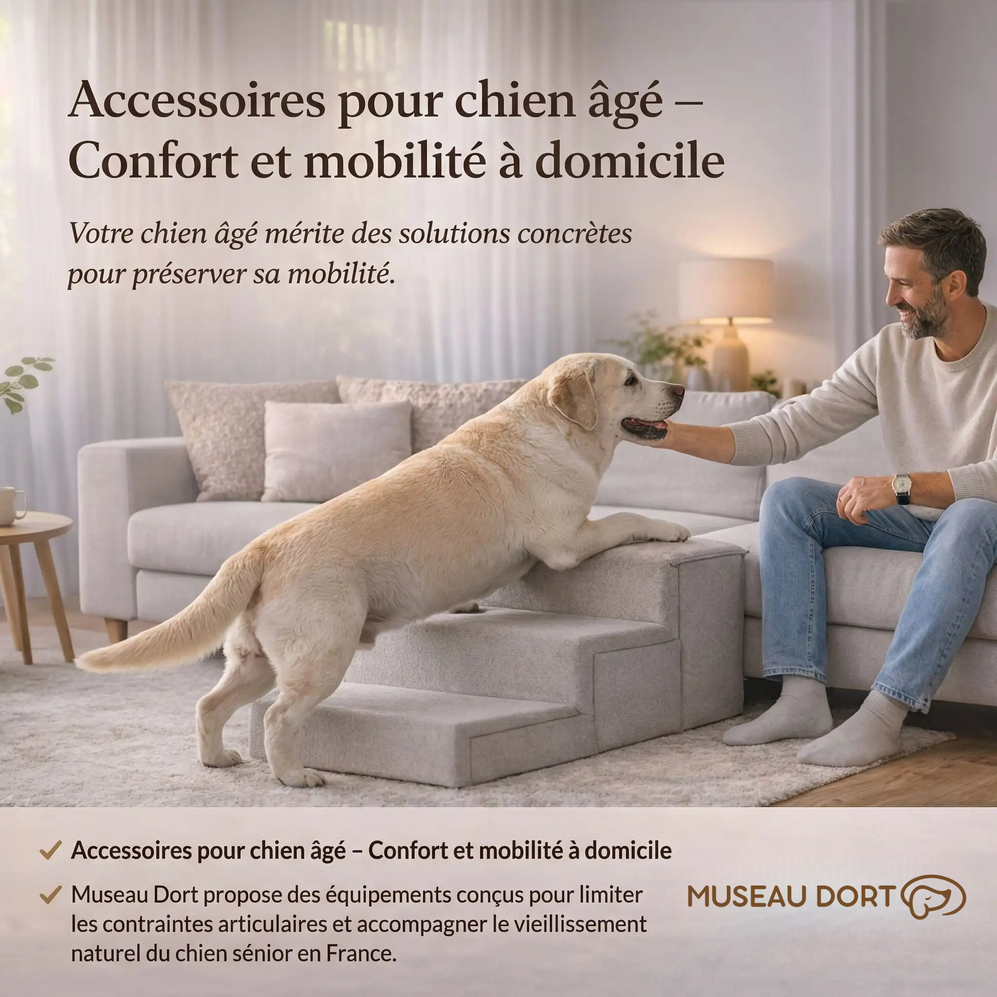 Chien âgé montant un escalier intérieur pour améliorer sa mobilité à domicile