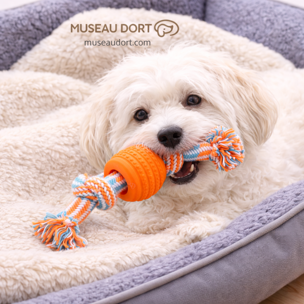 Bichon havanais jouant avec jouet pour chien destructeur, corde orange et balle en caoutchouc, sur un lit confortable.