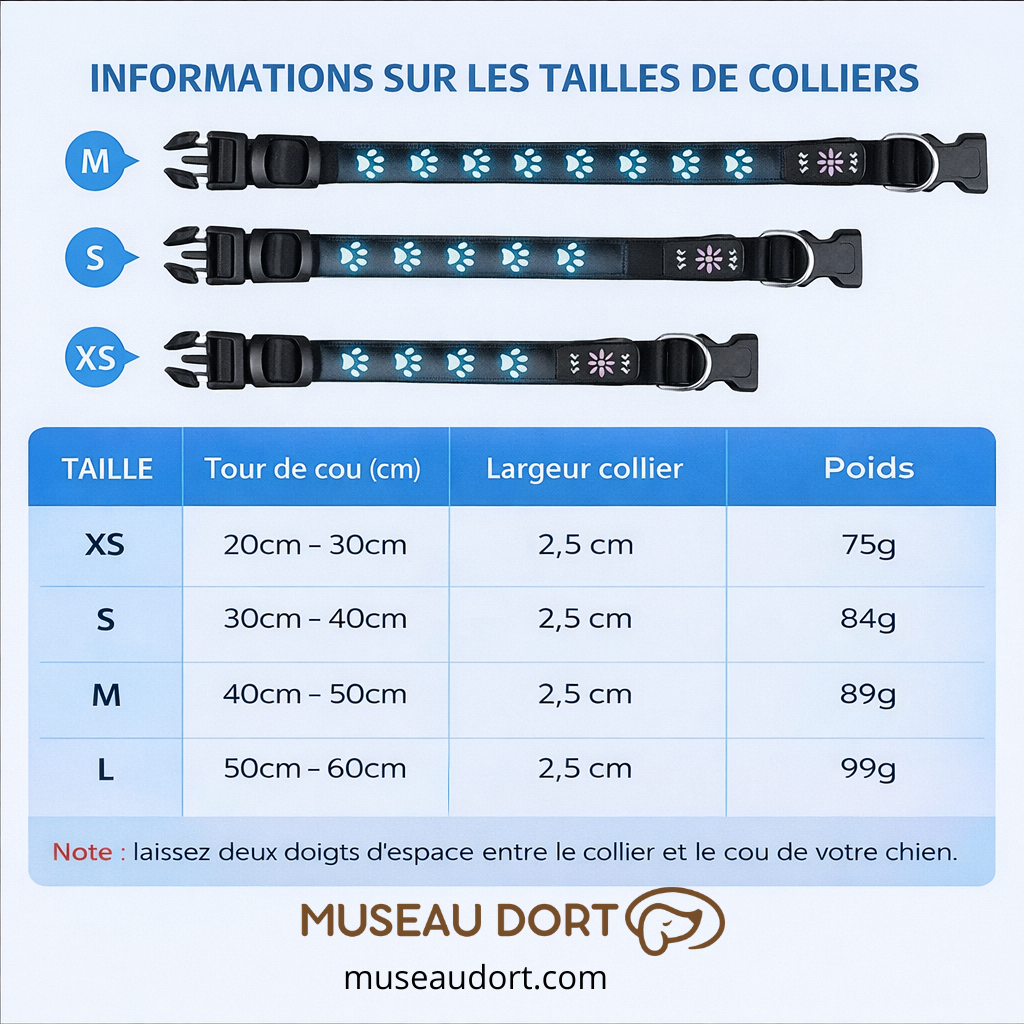 Tableau des tailles du collier lumineux pour chien avec dimensions, poids et conseils d’ajustement – Museau Dort
