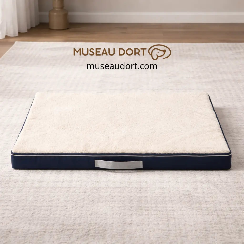 Coussin orthopédique blanc et bleu pour chien âgé avec poignée, présenté en intérieur – Museau Dort