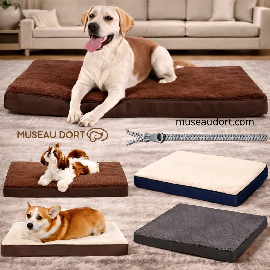 Coussin orthopédique pour chien âgé, plusieurs coloris et tailles, présenté avec chiens – Museau Dort