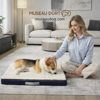 Chien allongé sur un coussin orthopédique confortable dans un salon moderne – Museau Dort