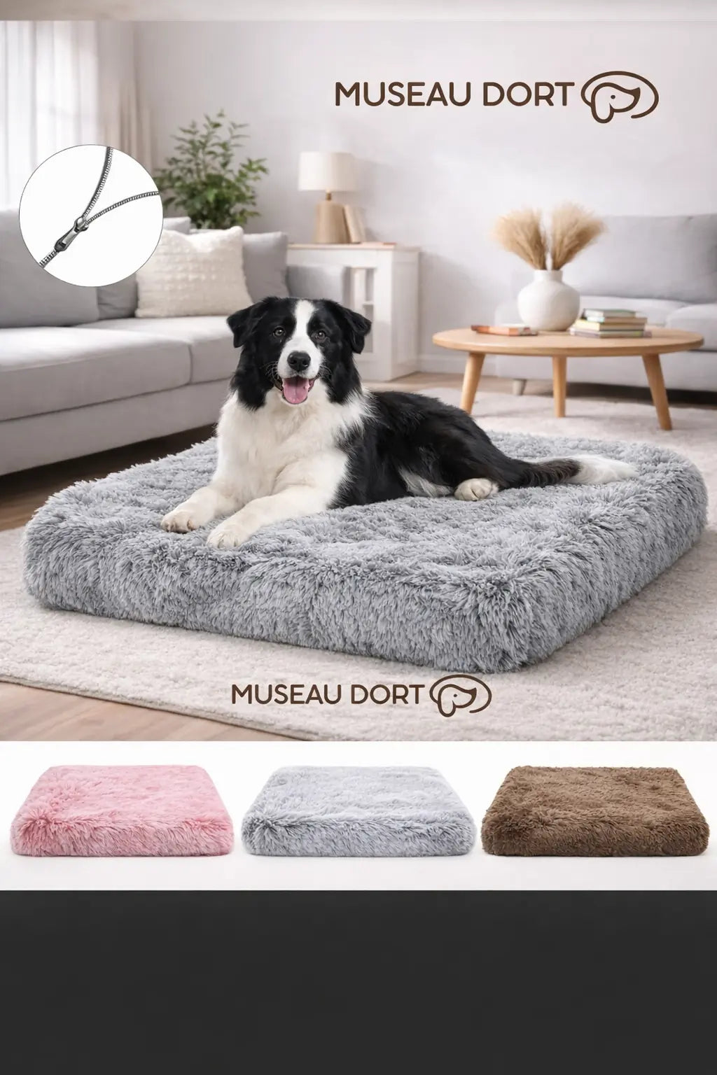 Coussin chien gris clair avec fermeture éclair, trois coloris visibles, disponible chez Museau Dort