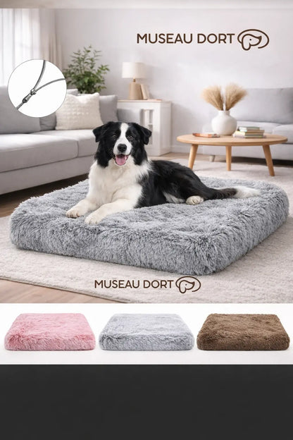 Coussin chien gris clair avec fermeture éclair, trois coloris visibles, disponible chez Museau Dort