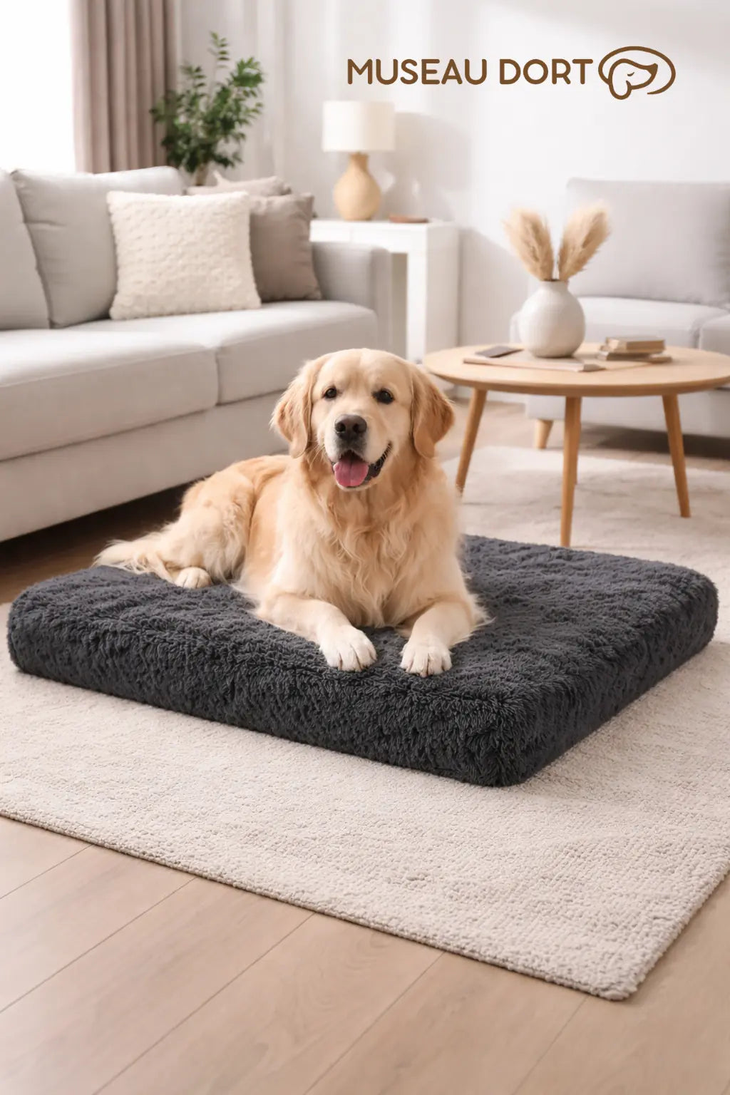 Golden Retriever couché sur coussin gris foncé dans un salon moderne, disponible chez Museau Dort