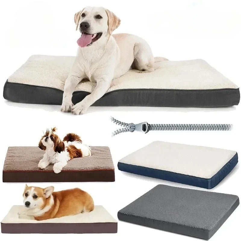 Coussins orthopédiques à mémoire de forme pour chien – différentes tailles, coloris et races illustrées, avec housse lavable à fermeture éclair. Disponible chez Museau Dort