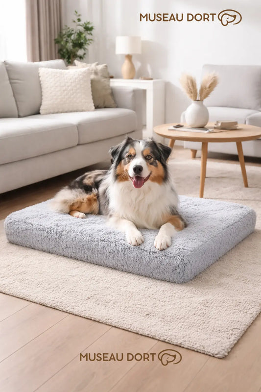 Information produit du coussin poils longs pour animal, 4 couleurs et tailles S à XL chez Museau Dort