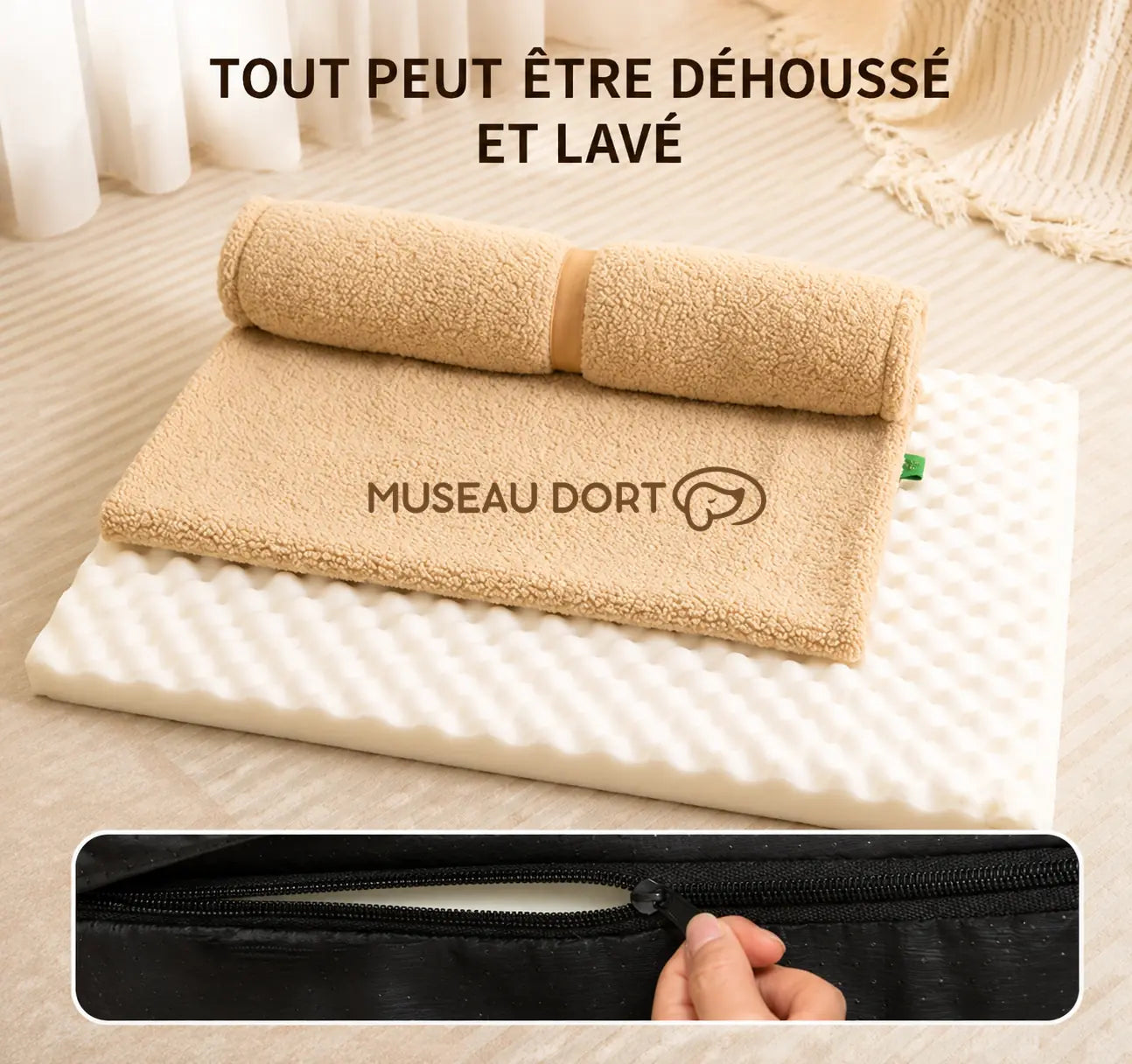 Coussin pour chien déhoussable avec mousse alvéolée amovible et fermeture éclair pour faciliter l’entretien.