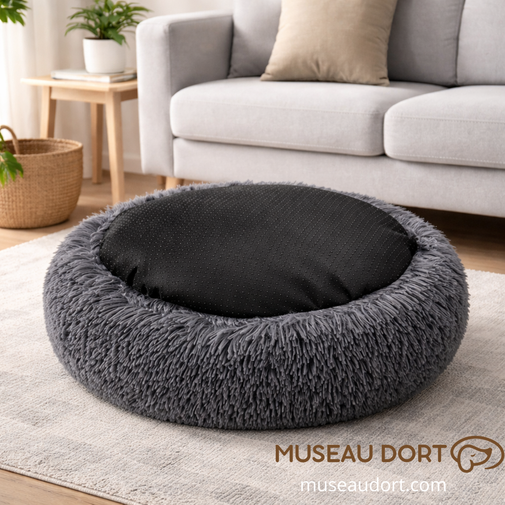 Coussin pour chien avec dessous antidérapant gris foncé, stable sur sol lisse, posé dans un salon moderne – Museau Dort