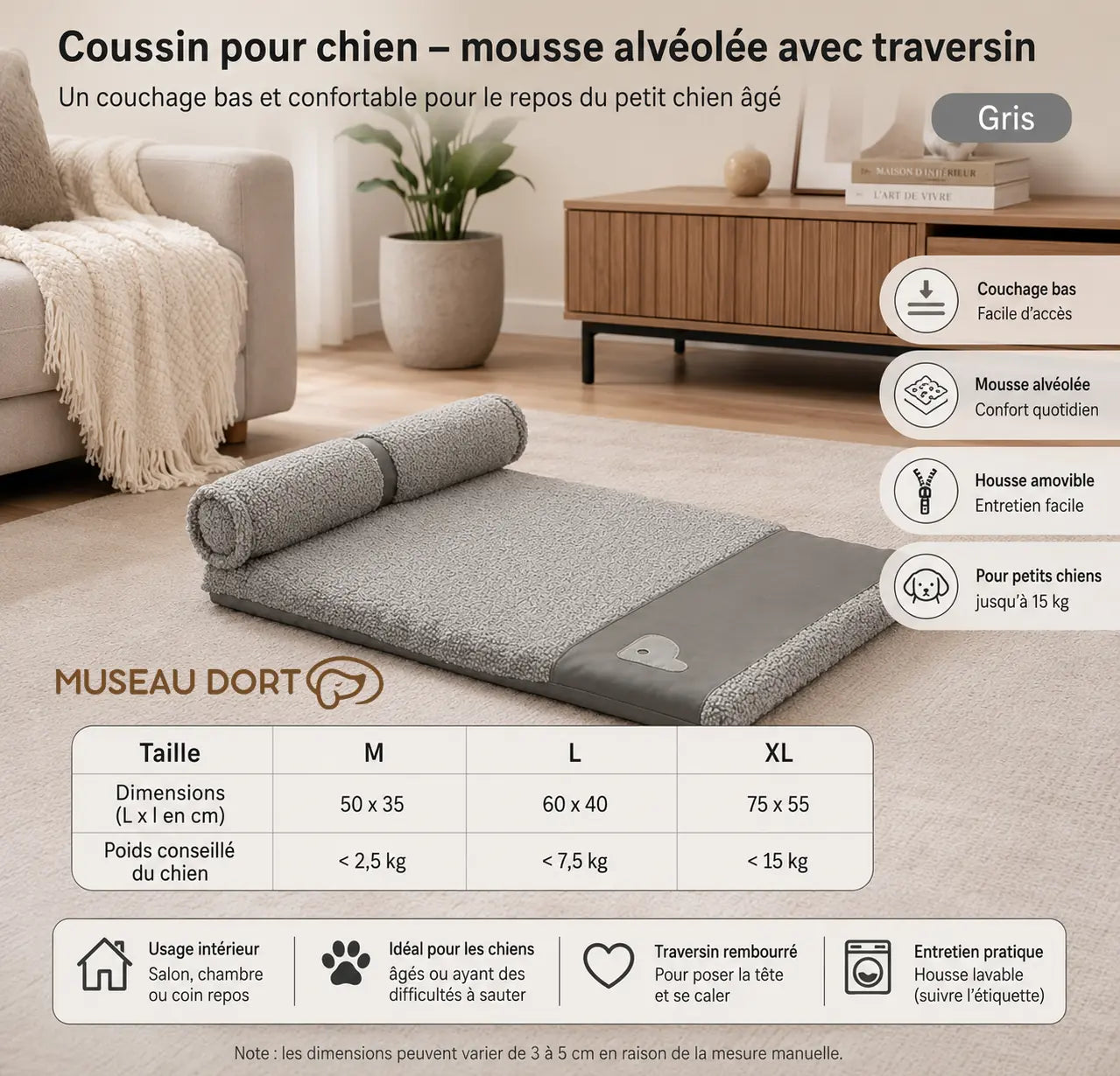 Coussin pour chien gris en mousse alvéolée avec traversin, guide des tailles et bénéfices pour petit chien âgé.
