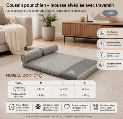 Coussin pour chien gris en mousse alvéolée avec traversin, guide des tailles et bénéfices pour petit chien âgé.